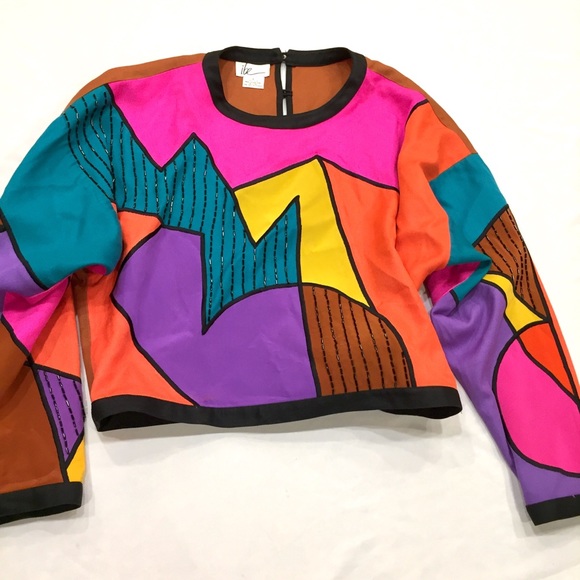 Vintage Tops - Amazing Silk Beaded Neon Retro Crop Top